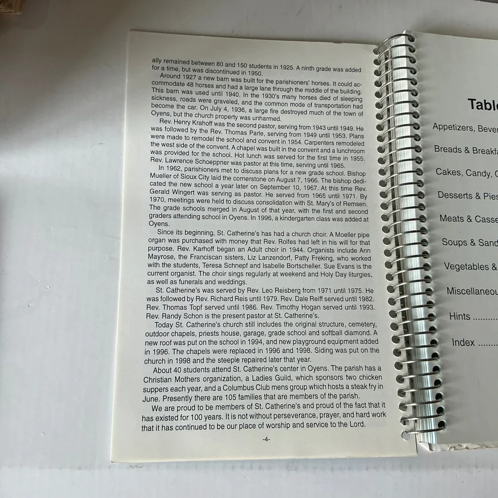 St. Catherine's Vintage Centennial Cookbook Oyens Iowa Spiral Bound 2000